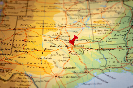 Colorful tourist with red stick pin at  Fort Worth and Dallas, Texas, USA, and the surrounding area
