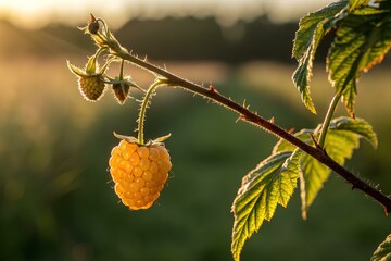 Obraz premium A close-up of a single yellow raspberry hanging from a thin branch, illuminated by golden sunlight against a blurred background of a green field