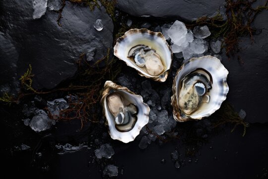 Fresh oysters on ice with dark background. Gourmet seafood appetizer for Valentine's Day or romantic dinner. Luxury restaurant delicacy, aphrodisiac concept. - Powered by Adobe