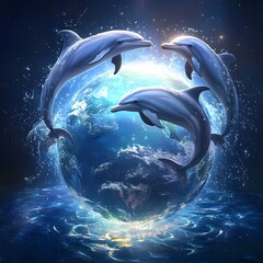 Fototapeta premium Majestic Dolphins Leaping from the Enchanting Celestial Sphere of the Ethereal Underwater World