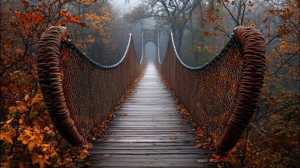 Fototapeta premium Suspension bridge spanning autumn forest, foggy background. Editorial nature view