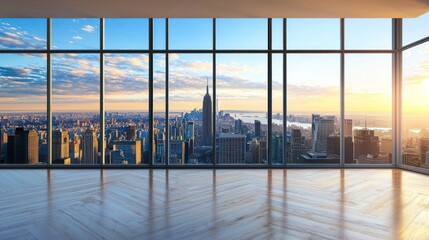 Fototapeta premium Empty modern office with panoramic city view at sunset.