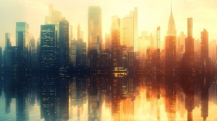 Cityscape sunrise reflection.