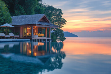 Fototapeta premium Luxury villa by the ocean at sunset with tranquil waters reflecting vibrant colors