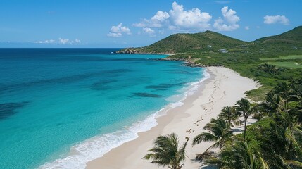Obraz premium Beautiful Caribbean beach with clear turquoise waters and lush green hills