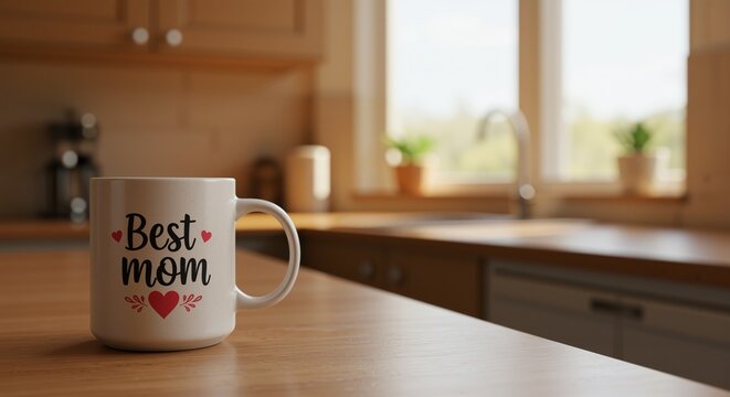 Best mom ceramic mug on kitchen countertop conveying warmth and love during morning tea time with bright natural light and indoor plants in background