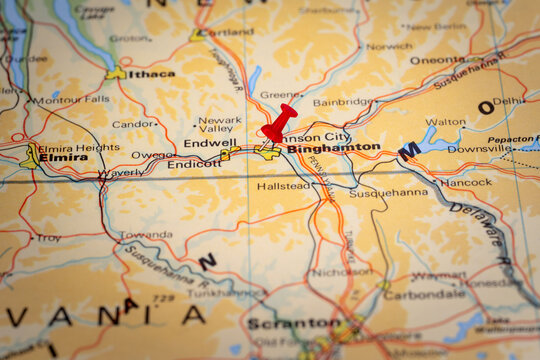 Colorful tourist with red stick pin at  Binghamton, New York, USA, and the surrounding area