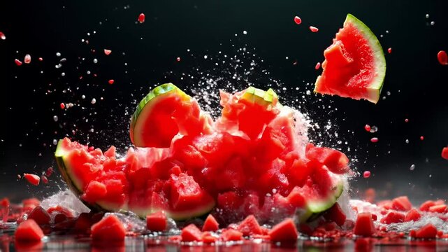 Juicy ripe red watermelon exploding with water splashes and flying pieces against a dark background, concept for summer refreshment, healthy eating and vibrant food advertising