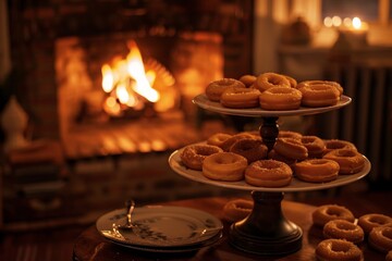 Naklejka premium A warm and inviting home setting with a fireplace burning and a delicious spread of donuts, A warm and cozy home filled with the smell of freshly fried donuts