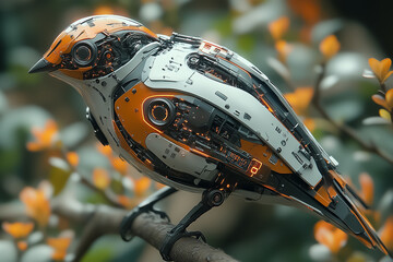 A striking cybernetic bird rests elegantly on a futuristic branch, showcasing intricate design and cutting-edge technology. The vibrant colors and details blend seamlessly with the surroundings