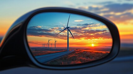 Stunning Sunset View Wind Turbines Rural Roadside Landscape Scenic Golden Hour Beautiful Nature Energy Alternative Power Eco Friendly Environment     
