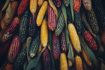 Colorful Indian corn harvest on dark background. Autumn decoration for Thanksgiving, fall festivals. Variety of heirloom maize cobs in red, yellow, purple. Agricultural abundance concept.