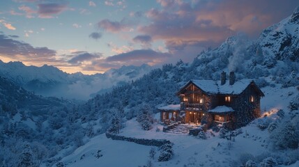 Fototapeta premium Cozy mountain cabin at sunset, snow covered landscape.