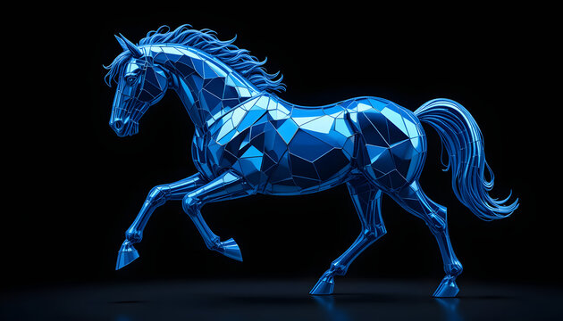 Blue Polygonal Horse Sculpture in Dynamic Motion on Dark Background - Powered by Adobe
