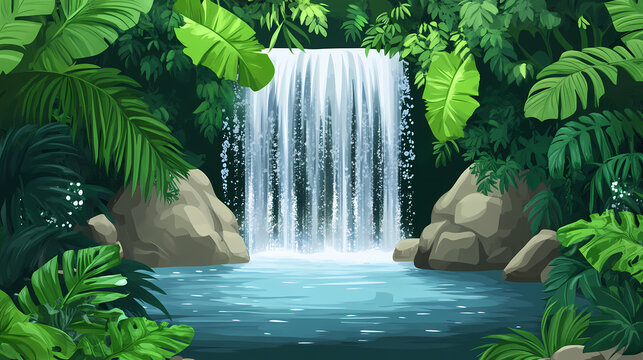 Lush jungle waterfall cascades into tranquil pool. nature serenity background ideal for travel brochures. Serenity - Garden. Illustration