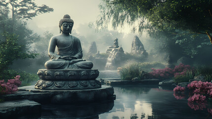Majestic buddha statue amid ethereal misty landscape. Serenity - Garden. Illustration