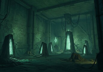 Exploring Mysterious Ancient Stone Chamber with Glowing Hieroglyphs and Monoliths