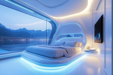 Obraz premium Futuristic White Minimalist Bedroom with City Night View
