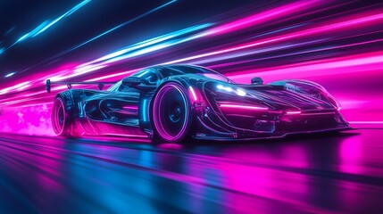 Neon sports car with light trails