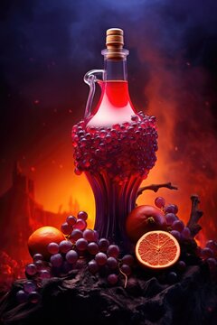 Ornate wine bottle with red alcohol liquid with grapess. Wine tasting event, harvest festival or Thanksgiving decor. Empty containet, mockup for design