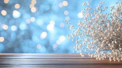 Beautiful White Baby Breath Flowers on Wooden Table Soft Blue Bokeh Background Elegant Floral Arrangement Romantic Spring Summer Wedding Decoration   
