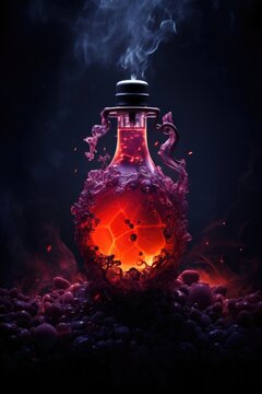 Ornate wine bottle with red alcohol liquid with grapess. Wine tasting event, harvest festival or Thanksgiving decor. Empty containet, mockup for design