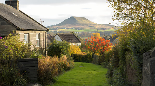 Scenic view of houses in clitheroe lancashire with pendle hill in the background. Serenity - Garden. Illustration
