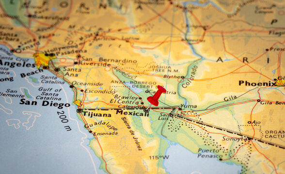 Colorful tourist with red stick pin at  Mexicali, Mexico, and the surrounding area
