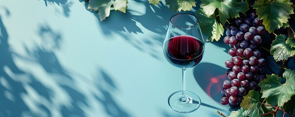 Glass of red wine and fresh grapes on blue background with leaf shadows. Summer vineyard harvest concept. Wine tasting event or winery tour invitation with copy space.