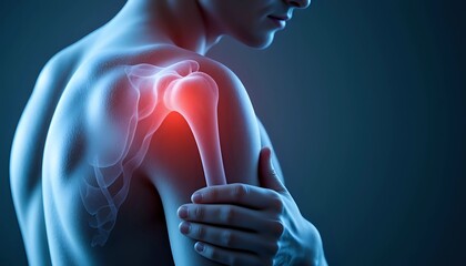 Man experiencing shoulder pain with highlighted bones and inflammation