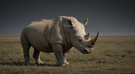 Obraz premium White rhinoceros standing majestically on the savannah, showcasing its unique features and imposing presence, amid a serene grassland landscape with a dramatic dark sky