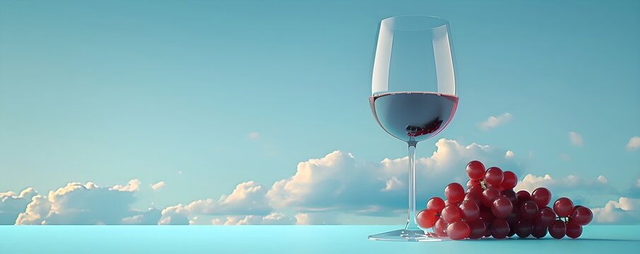 Red wine glass and grapes on blue horizon. Summer vacation concept. Romantic seaside dinner. Wine tasting event. National Wine Day celebration with copy space. - Powered by Adobe