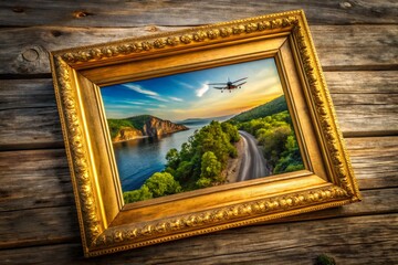 Aerial View of Luxurious Gold Photo Frame on Wooden Table - Drone Photography