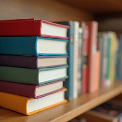 Fototapeta premium A close-up stack of hardcover books with colorful spines on a wooden shelf