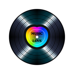 Vinyl record with rainbow heart shape label. Vector isolated on white background.	
