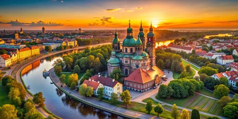 Aerial View of Poznan's Ostrow Tumski Island & Saint Peter and Paul Basilica