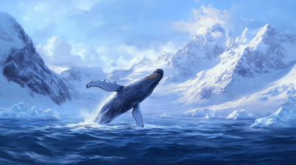 Majestic humpback whale breaching in icy Arctic waters, surrounded by snow-covered mountains and a pale blue sky.