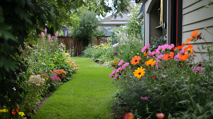 Obraz premium A serene pathway in a vibrant garden lined with blooming flowers on either side.