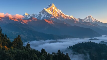 Majestic sunrise illuminates snow-capped Himalayan peak.