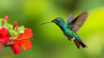 Fototapeta premium Hummingbird in Flight, Red Flower, Nature