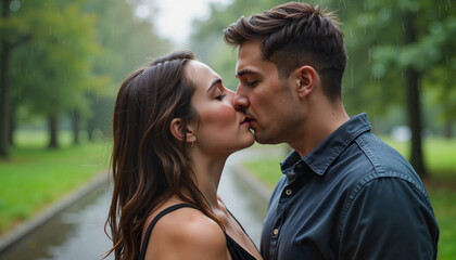 Naklejka premium Couple kissing in the rain on a park pathway