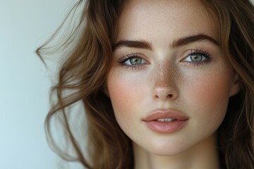 Naklejka premium Close-up portrait of a young woman with freckles and light brown wavy hair, showcasing her natural beauty.