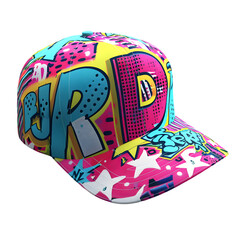 Fototapeta premium Vibrant snapback cap featuring bold graffiti-style designs in bright colors and playful patterns, ideal for fashion enthusiasts and streetwear lovers