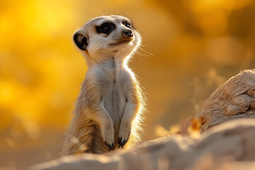 Fototapeta premium In a tranquil desert at sunset, a curious meerkat stands atop its hind legs, peering intently over the rocky terrain. The warm golden light enhances its playful demeanor