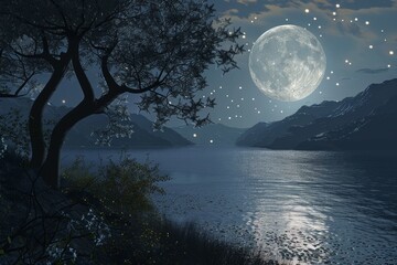 Fototapeta premium Lone tree cast in moonlight by serene lake with distant mountains, A serene landscape illuminated by the soft, silvery light of the moon