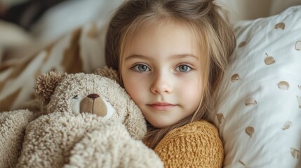 Little girl cuddles teddy bear while relaxing on cozy bed in a warmly decorated bedroom