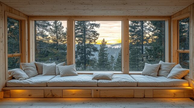 Fototapeta Window seat in timber cabin looks out to trees and mountain sunset for relaxation