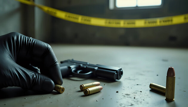 Gloved hand collecting bullets at a crime scene with caution tape