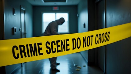 Crime scene tape blocking a hallway with forensic investigator in the background