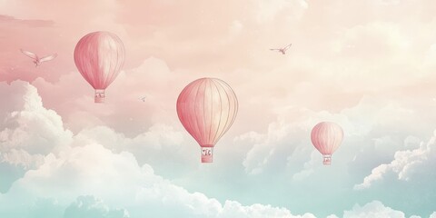 Obraz premium Pastel Pink Hot Air Balloons Soaring Through Dreamy Cloudscape